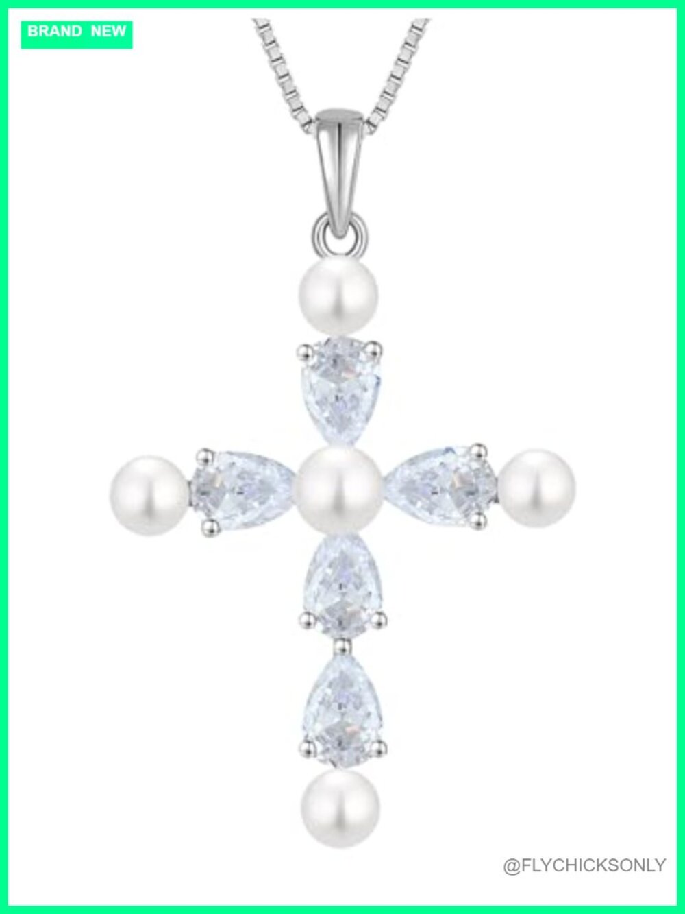 925 Sterling Silver Cross Necklace Freshwater Pearl CZ Pendant Religious Jewelry